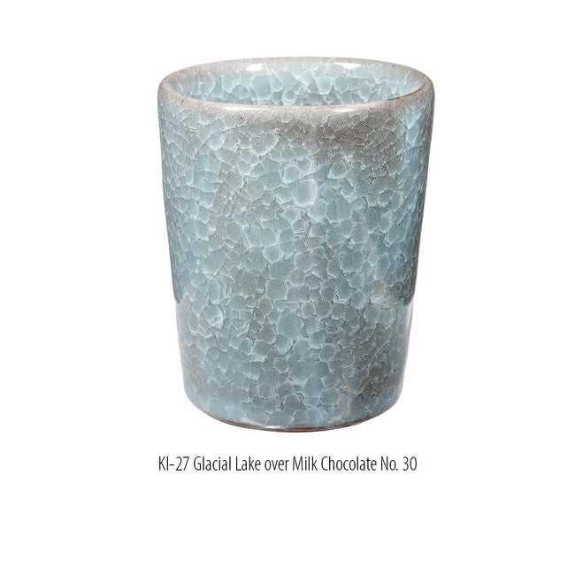 Tumbler in KI-27 Glacial Lake glaze over Milk Chocolate No. 30 clay, pale blue-grey crackle surface