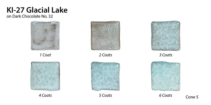 KI-27 Glacial Lake glaze at cone 5 on Dark Chocolate No. 32, six test tiles from 1 to 6 coats