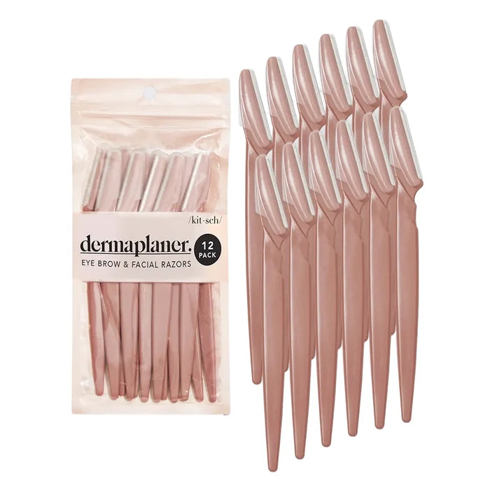 A 12-pack of Dermaplaner eye brow and facial razors shown next to their clear packaging on a solid white background.