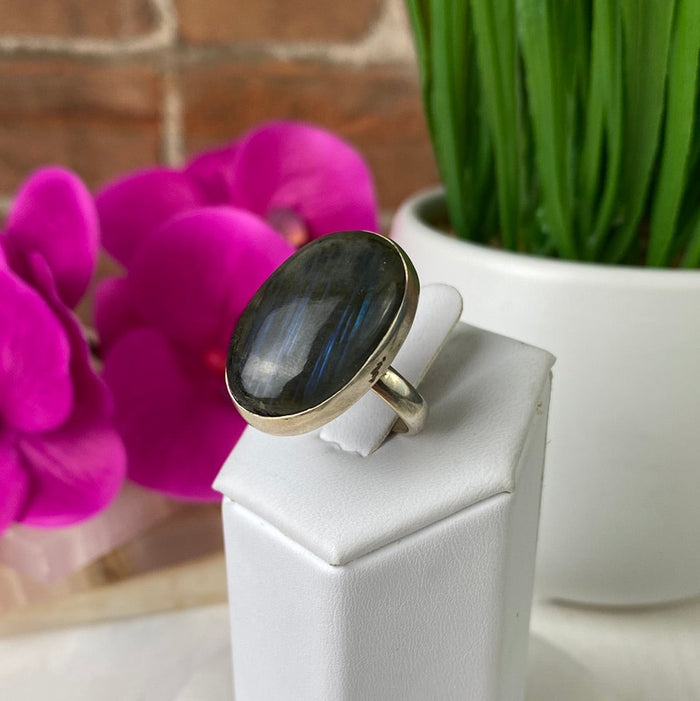 Labradorite Polished Ring `~1" Sterling Silver Adjustable Freeform Ring