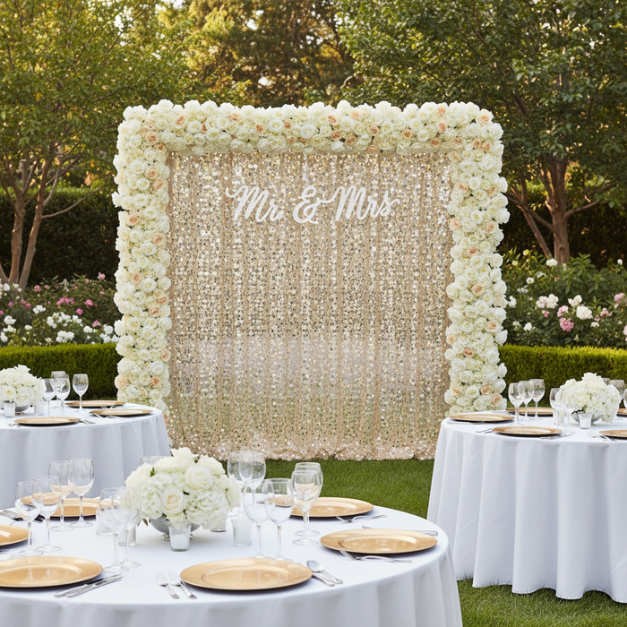 Large Payette Sequin 12ft H x 52" W Drape/Backdrop panel - Champagne with flower premade runner | mr&mrs sign |