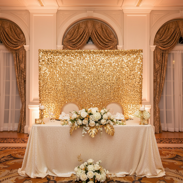 Large Payette Sequin 12ft H x 52" W Drape/Backdrop panel - Gold at the back of sweetheart table for wedding reception