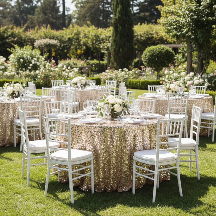 Outdoor Garden Wedding Champagne Large Payette Sequin 132" Round Tablecloth