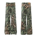 Front and back view of wide-leg cargo pants with military camouflage and leopard print overlay