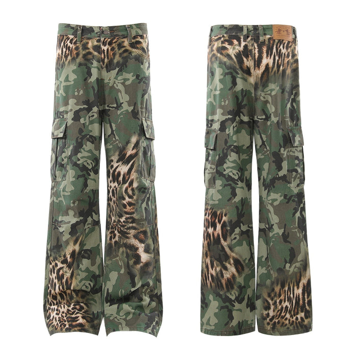 Front and back view of wide-leg cargo pants with military camouflage and leopard print overlay