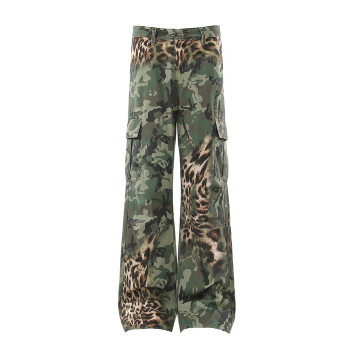 Front view of wide-leg cargo pants in green camouflage and leopard print with side flap pockets