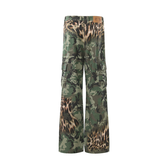 Back view of wide-leg cargo pants with green camouflage and leopard print and rear patch label