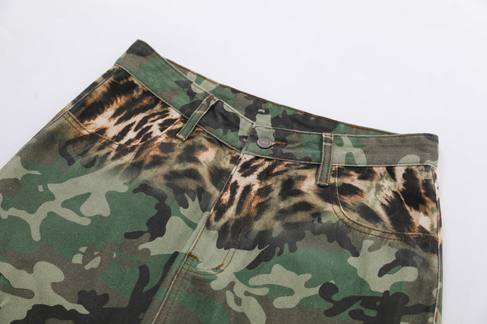 Close-up of the front waistband and pocket area showing green camouflage and leopard print