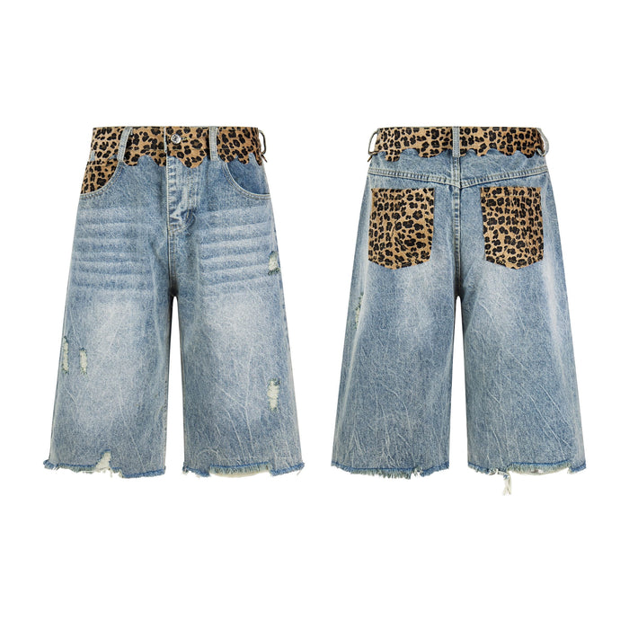 Front and back view of oversized distressed denim shorts with leopard-print waistband and back pocket panels