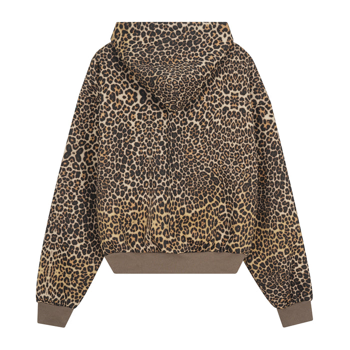 Leopard print zip-up hoodie front view with brown ribbed cuffs and hem