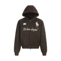 Brown leopard print zip-up hoodie with embroidered crest patches, script chest graphic and number 8 sleeve detail