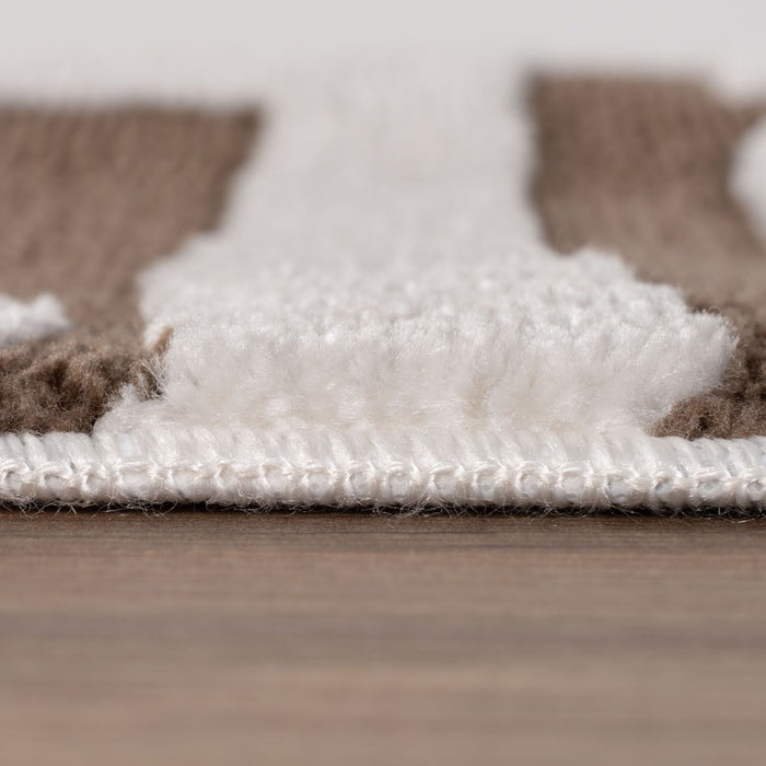 Close-up of a carpet with a brown border and white padding
