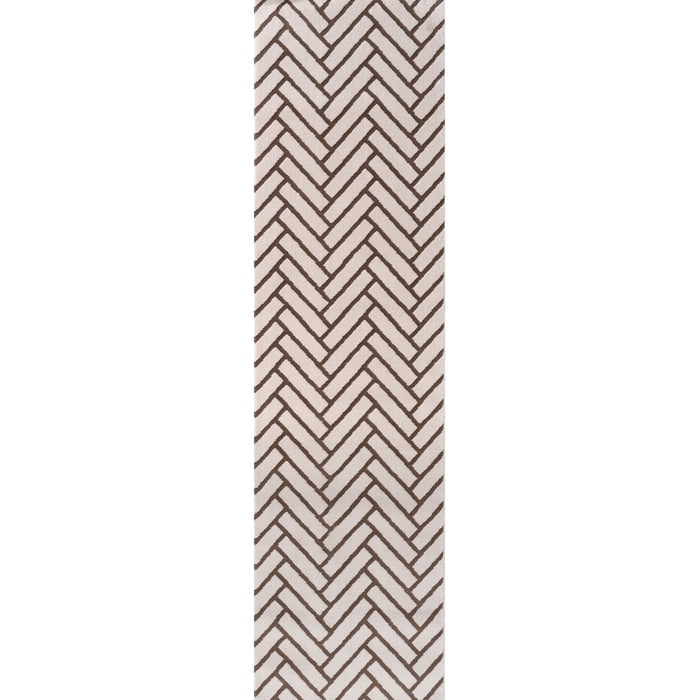 Rectangular area rug with a geometric pattern on a white background