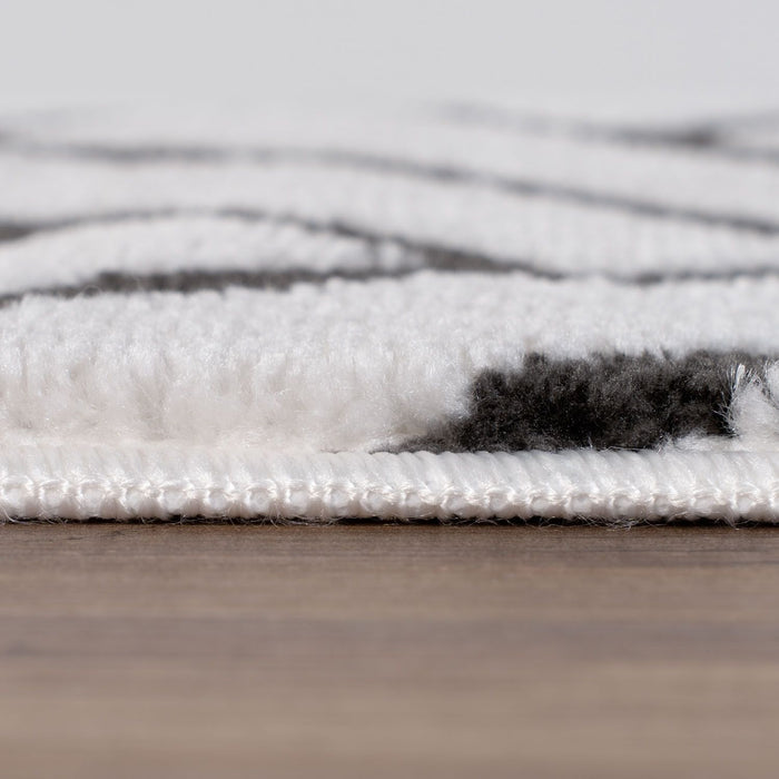 Close-up of a textured rug with white and gray pattern on a wooden floor.