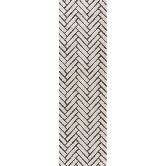 Rectangular area rug with a geometric pattern on a white background