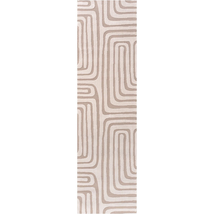 Rectangular area rug with a beige and brown wavy pattern on a white background