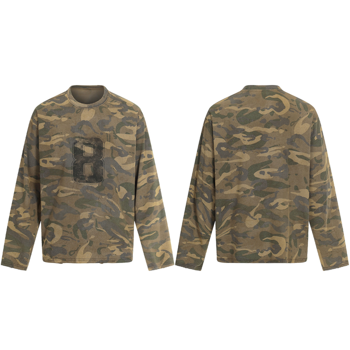 Front and back view of a relaxed-fit woodland camo long sleeve tee with a faded number 8 graphic on the chest