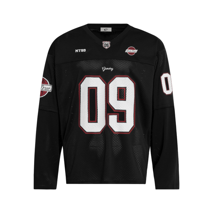 Black mesh hockey jersey front with white 09 number and red trim