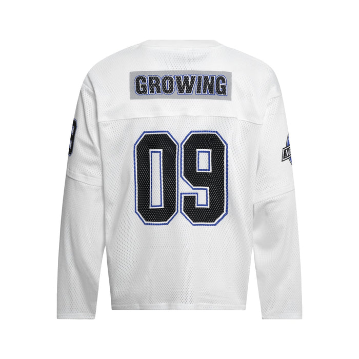 White mesh hockey jersey back with black 09 and GROWING patch