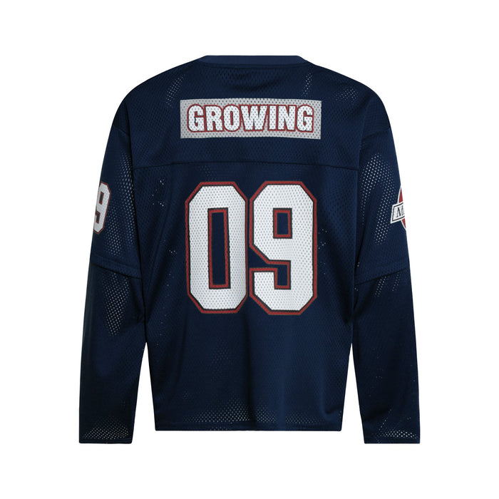 Navy mesh hockey jersey back with white 09 and GROWING patch