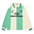 Cream long sleeve polo jersey with green checkered panels, front view