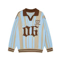 Sky blue and khaki striped knit polo sweater with brown collar, oversized '06' jacquard graphic and embroidered crest on ches