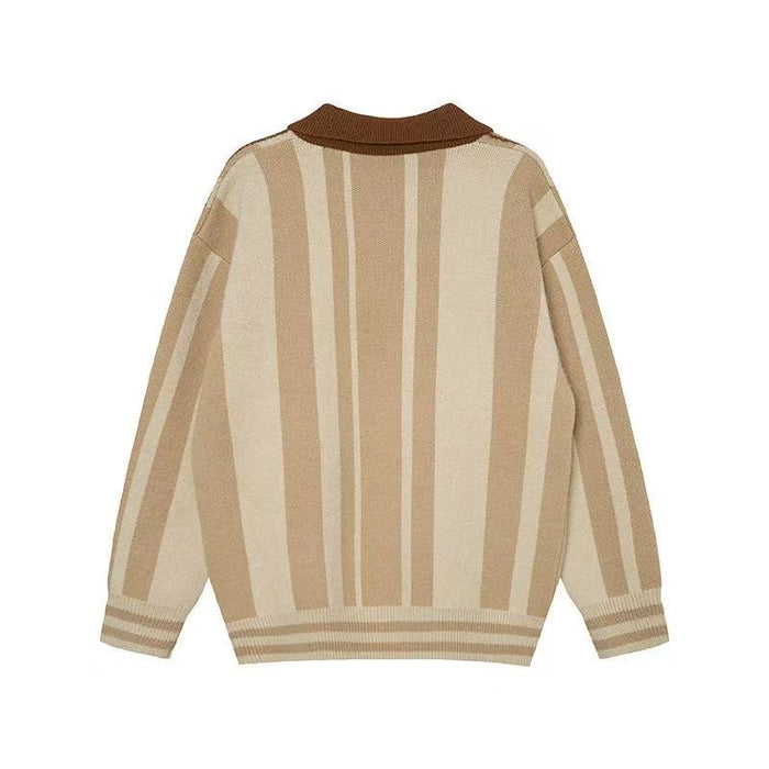 Back view of a beige striped knit polo sweater with brown collar and striped cuffs