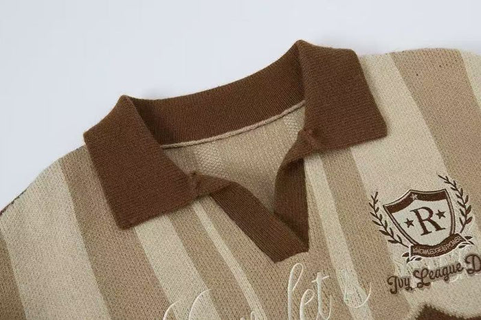 Close-up of the brown collar and upper chest on a beige striped knit polo sweater
