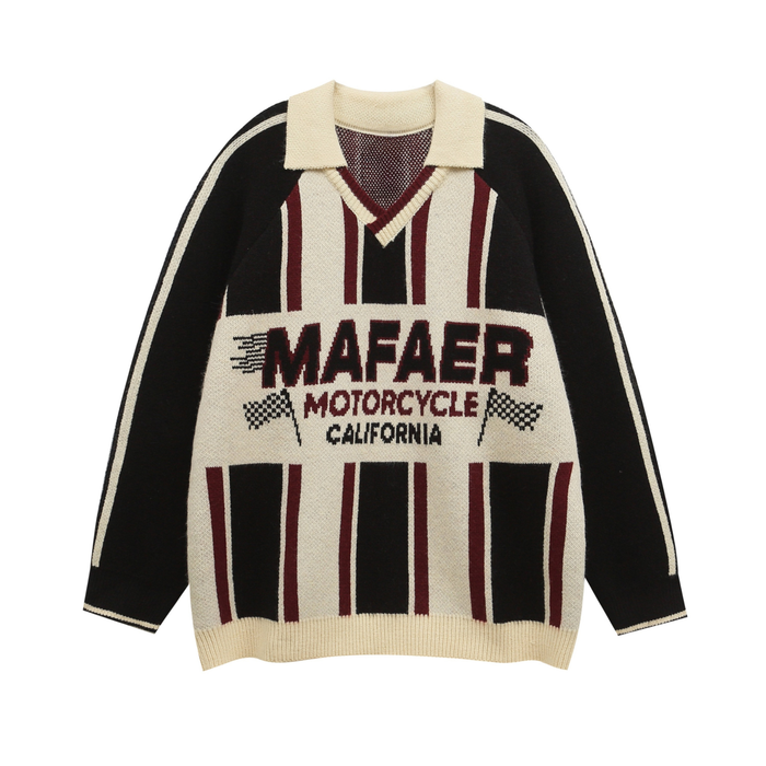 Cream and black vertical stripe knit sweater with Mafaer Motorcycle California racing graphic and polo collar