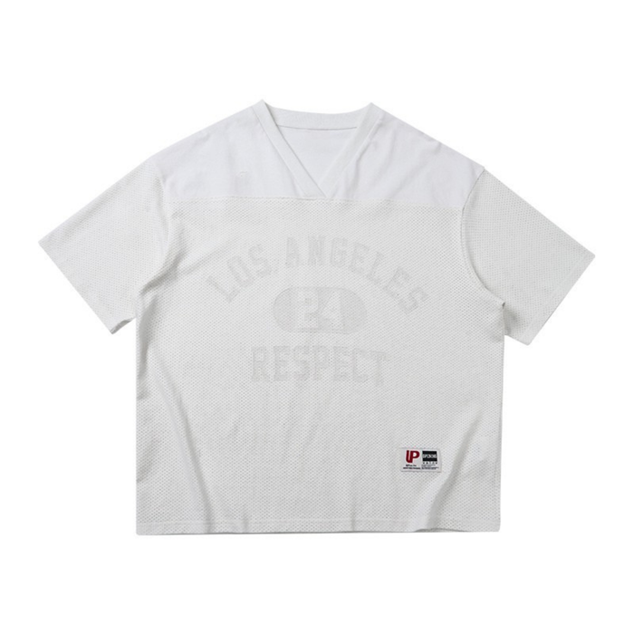 White mesh V-neck streetwear tee with subtle Los Angeles Respect graphic and small chest logo patch