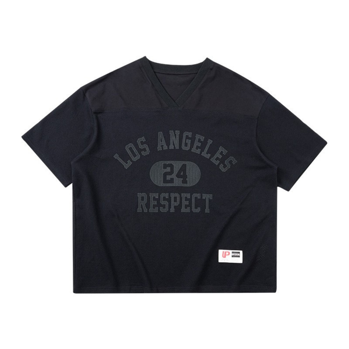 Black mesh V-neck tee with Los Angeles 24 Respect graphic and subtle streetwear styling on the front