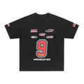 Black graphic cotton T-shirt with a large red number 9 and racing-inspired MADEGPSR logos on the chest and sleeves