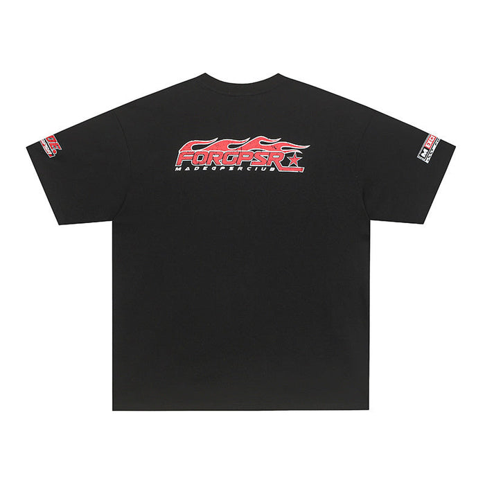 Black racing graphic cotton T-shirt with ForcePSR logo on the back and small sleeve patches