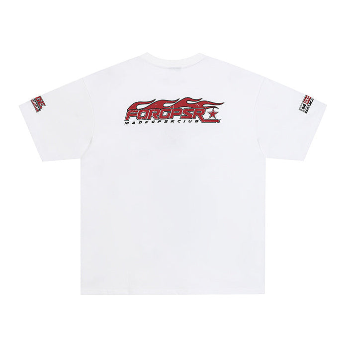 White cotton racing T-shirt with red flame FORGPSR logo on back and small sleeve patches