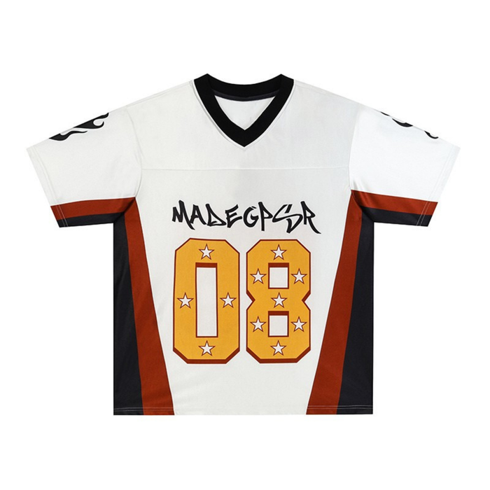 White streetwear football jersey with black V-neck, orange side panels, and bold star-studded number 08 graphic on front