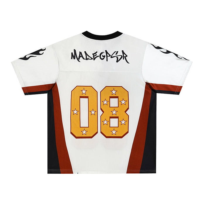 White streetwear football jersey with black shoulder flames, red side panels, and bold gold 08 graphic on the back