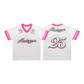 White and pink mesh football jersey with Madegypsr script, star shoulder graphics, and contrast pink V-neck and sleeve stripe