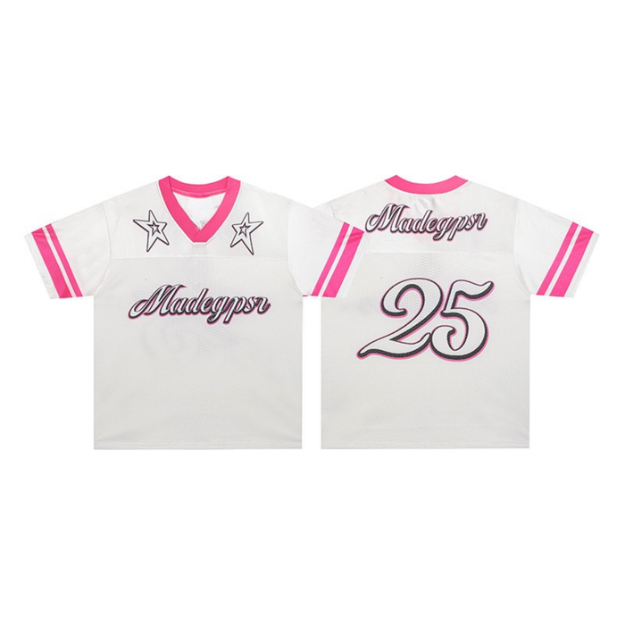 White and pink mesh football jersey with Madegypsr script, star shoulder graphics, and contrast pink V-neck and sleeve stripe