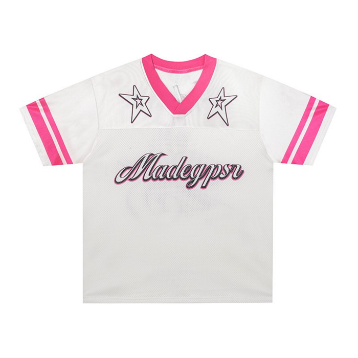 White mesh football jersey with pink V-neck trim, star graphics, and Madegypsr script logo on the chest
