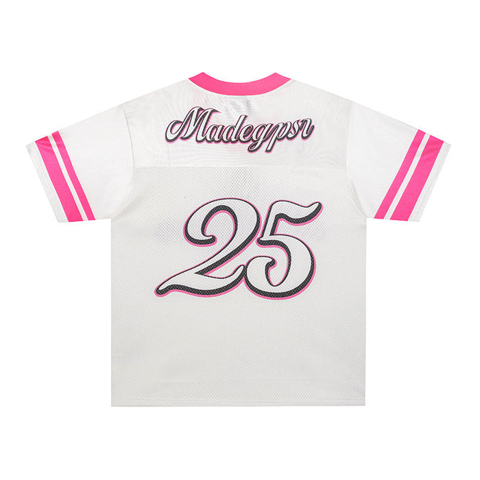 White mesh football jersey with pink trim, Madegypsr branding, and large number 25 on the back