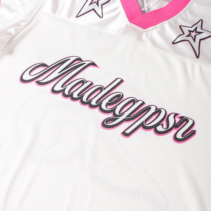 White mesh football jersey with pink trim and star graphics, featuring a bold Madegypsr logo across the chest