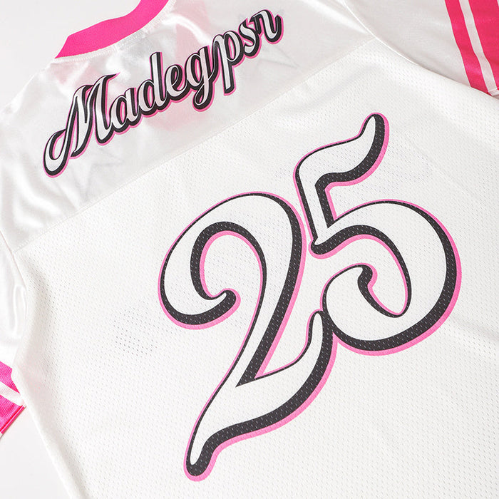 White mesh football jersey with pink accents and bold number 25, featuring Madegypsr lettering for streetwear style