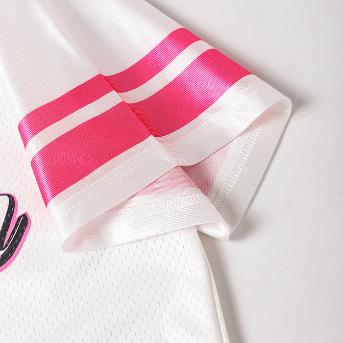 Pink and white mesh football jersey sleeve with bold striped cuff and star graphic detail