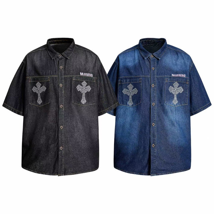 Mafaero rhinestone cross denim shirt in washed black and indigo blue, short sleeve relaxed fit with dual chest pockets