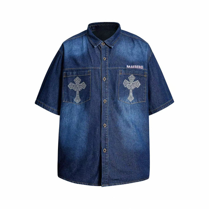 Dark wash denim button-up shirt with short sleeves, rhinestone cross chest pockets, and Mafaero logo detail