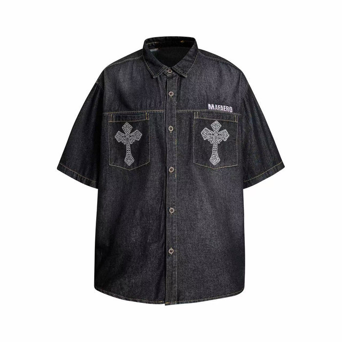 Black denim short-sleeve button-up shirt with rhinestone cross chest pockets and MAFAERO logo detail