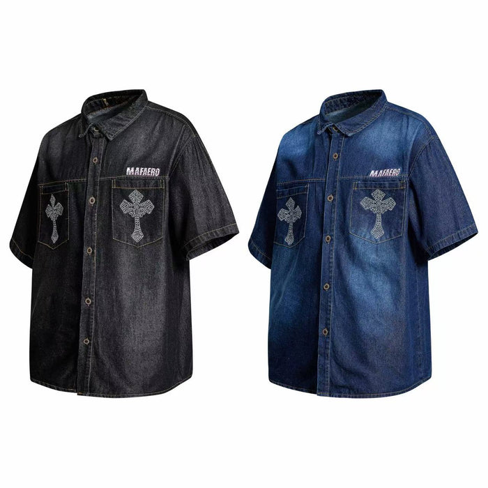 Rhinestone cross denim button-up shirt shown in black and blue short-sleeve streetwear styles with chest pockets