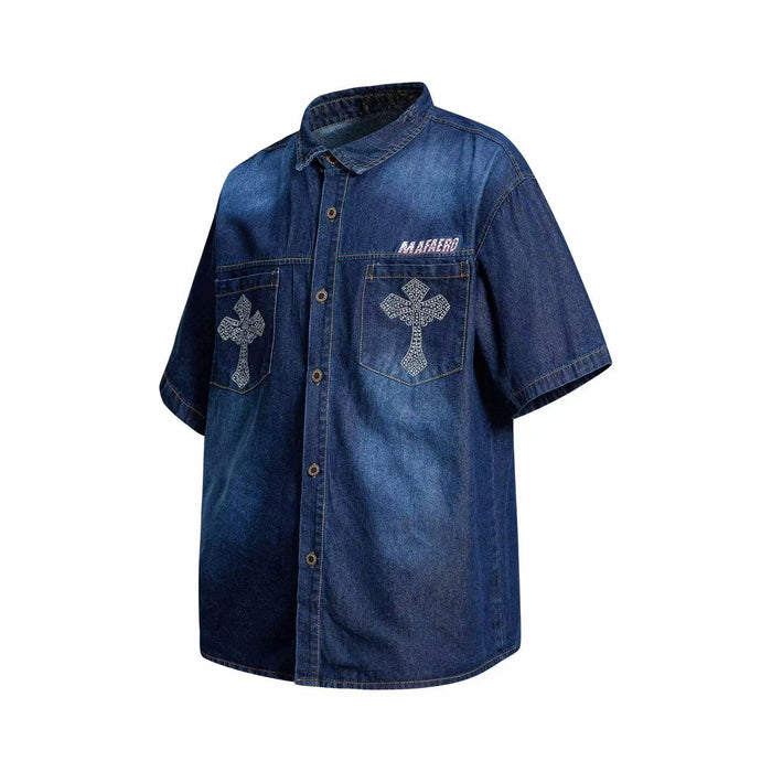 Dark blue short-sleeve denim button-up shirt with rhinestone cross pockets and a relaxed streetwear fit