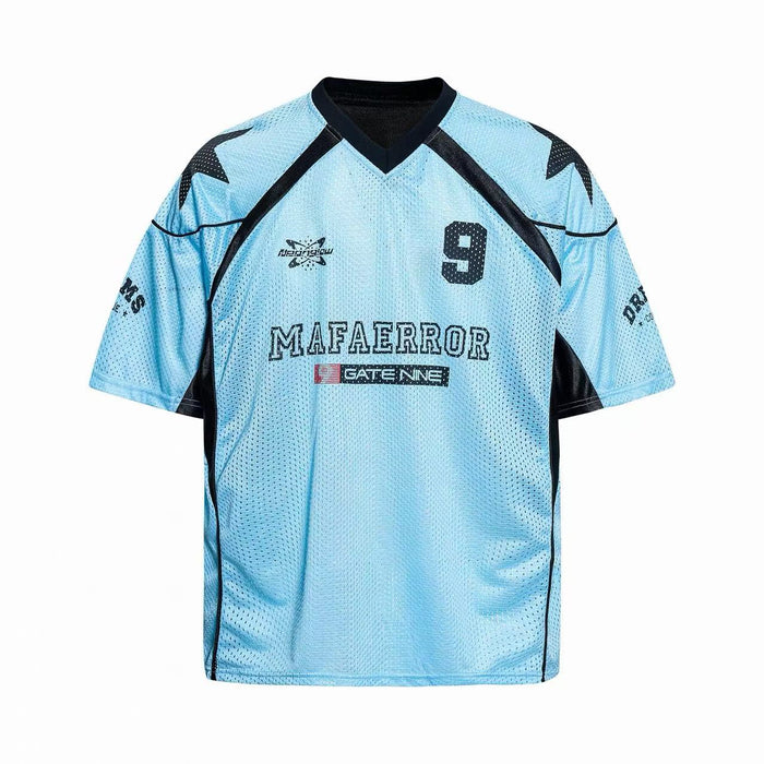 Light blue mesh jersey with black trim, star shoulder accents, and bold number 9 streetwear graphics