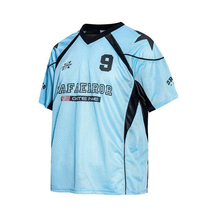 Light blue mesh jersey with black accents, bold number 9, and Starline streetwear graphics on the front